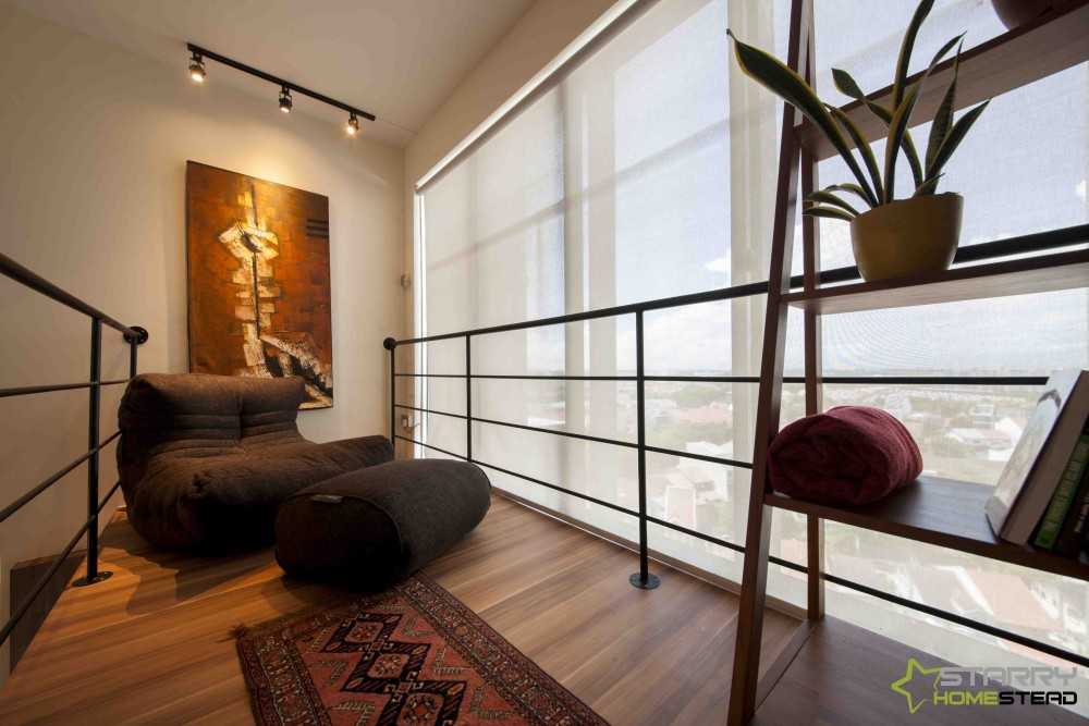 Contemporary Living Room with Loft and Artwork