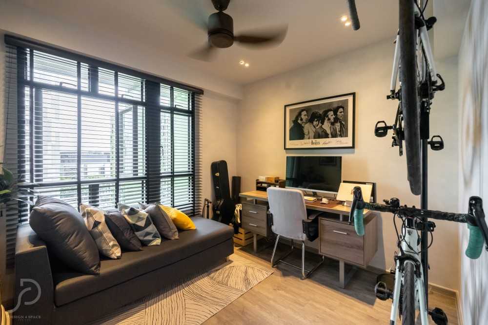 Modern Home Office with Wallpaper and Storage Cabinets