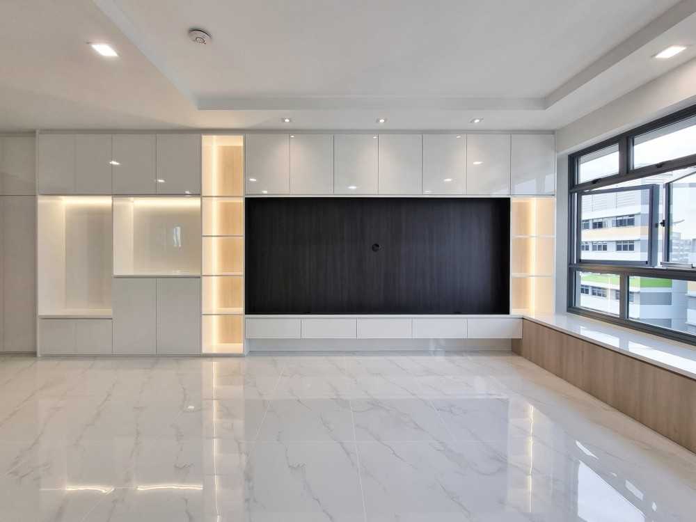 Modern Living Room with TV Console and Window Grille