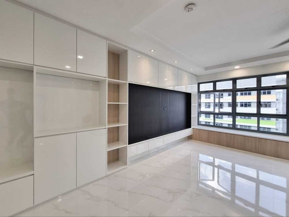 Modern Living Room with TV Console and Window Grille