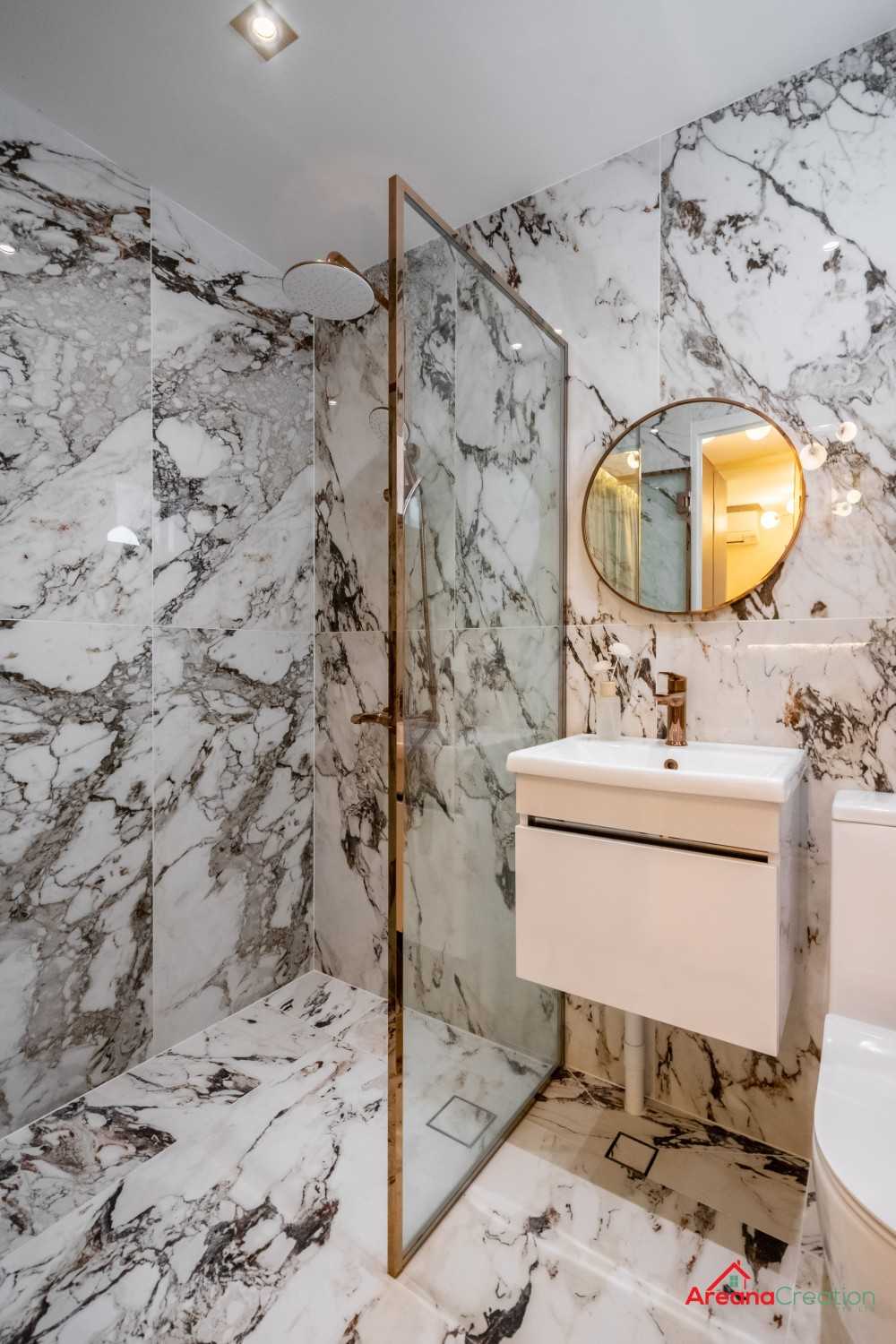 Modern Bathroom with Wood Flooring and Mirror
