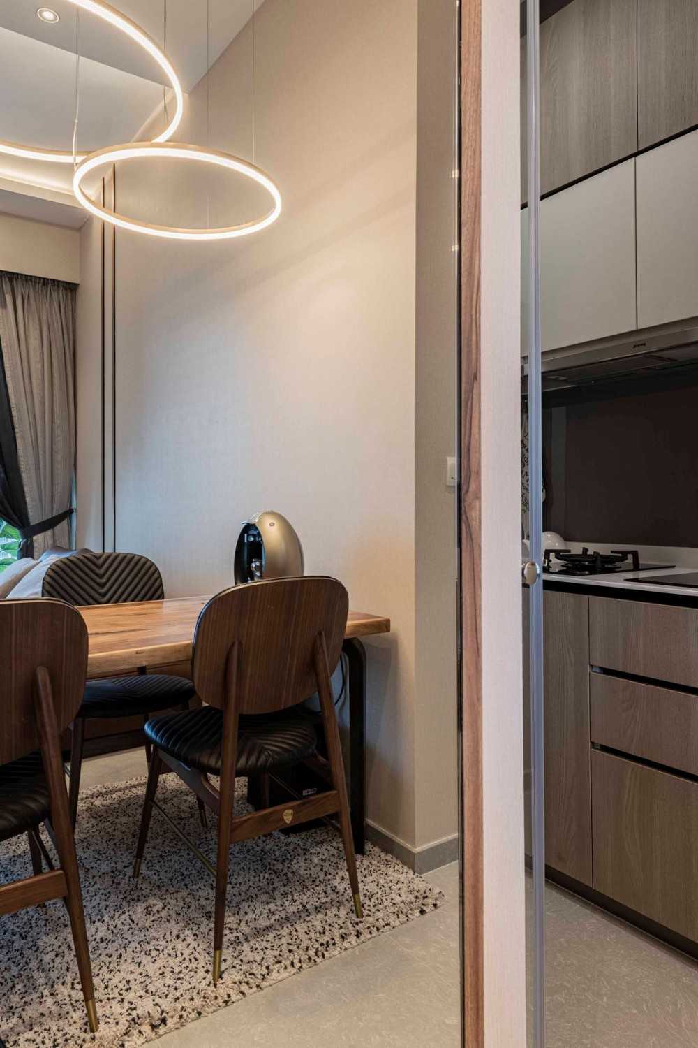 Contemporary Dining Room with Drop Light and Downlights