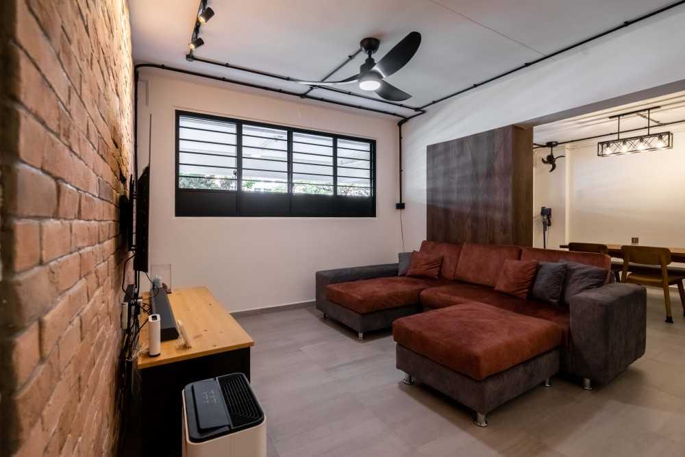 Industrial Living Room with TV Console and Sofa