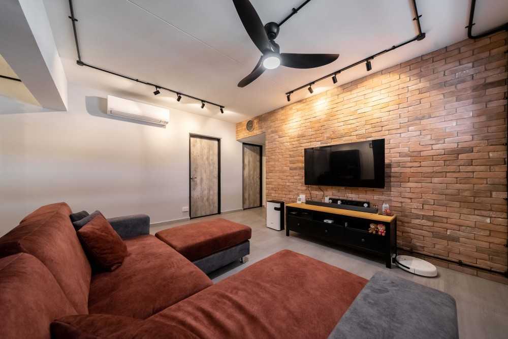 Industrial Living Room with Vinyl Flooring and Granite Floor