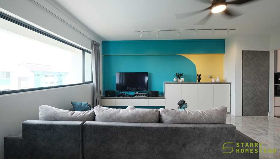 Eclectic Living Room with TV Console and Drop Light