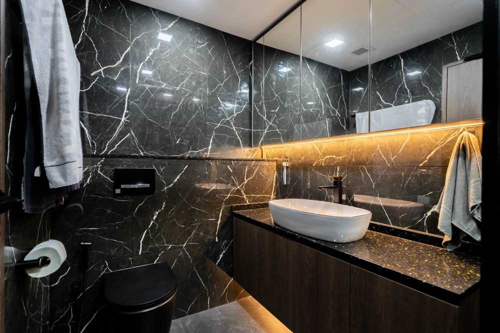 Contemporary Bathroom with Wood Flooring and Mirror