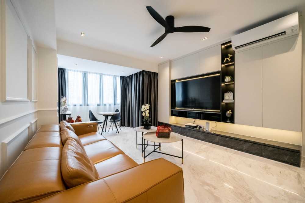 Contemporary Living Room with TV Console and Feature Wall