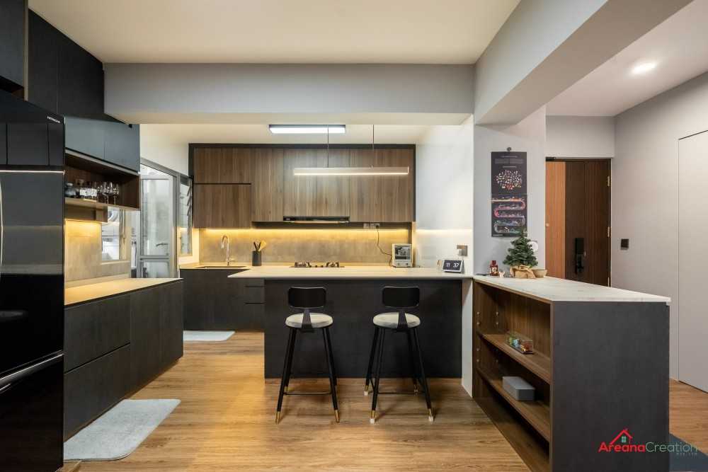Contemporary Kitchen with Homogeneous Tiles and Wood Flooring