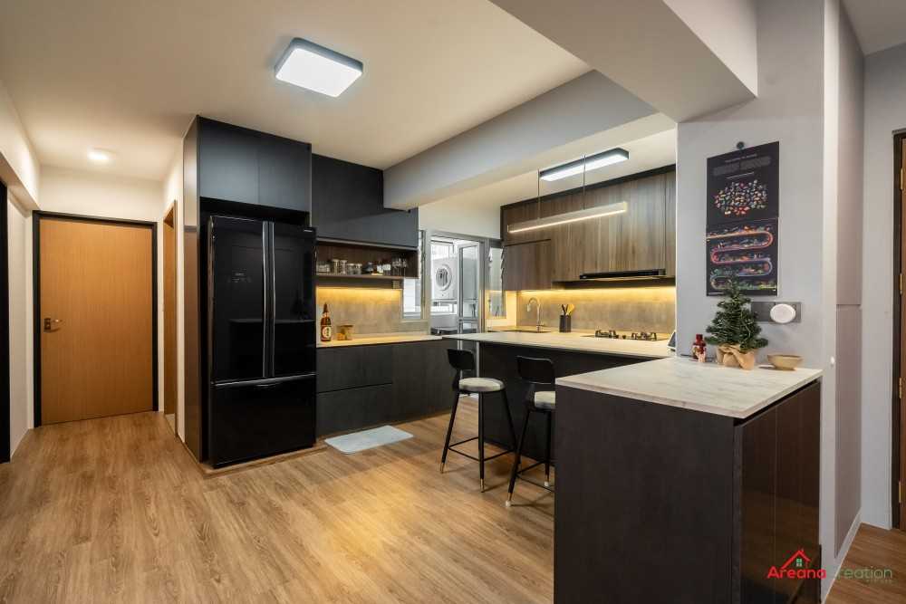 Contemporary Kitchen with Homogeneous Tiles and Wood Flooring