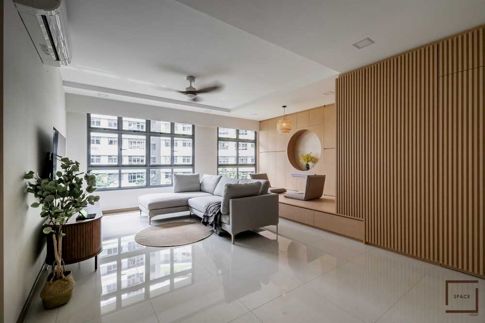 Modern Living Room with Homogeneous Tiles and Feature Wall