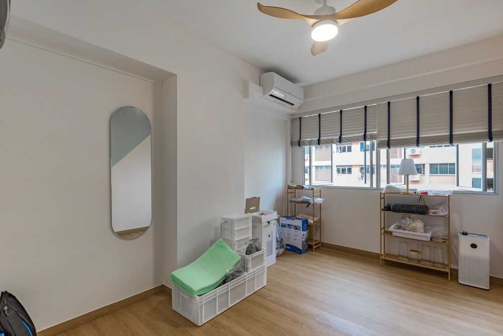Scandinavian Bedroom with Vinyl Flooring and Mirror