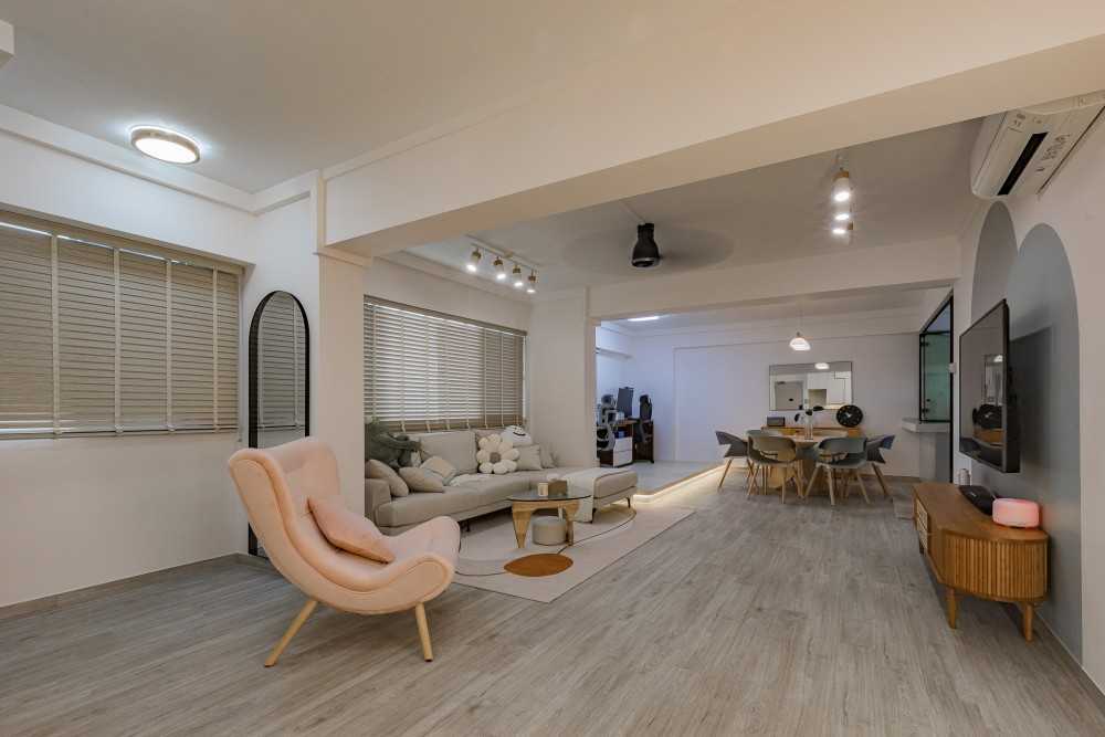 Scandinavian Living Room with Vinyl Flooring and Cove Lighting