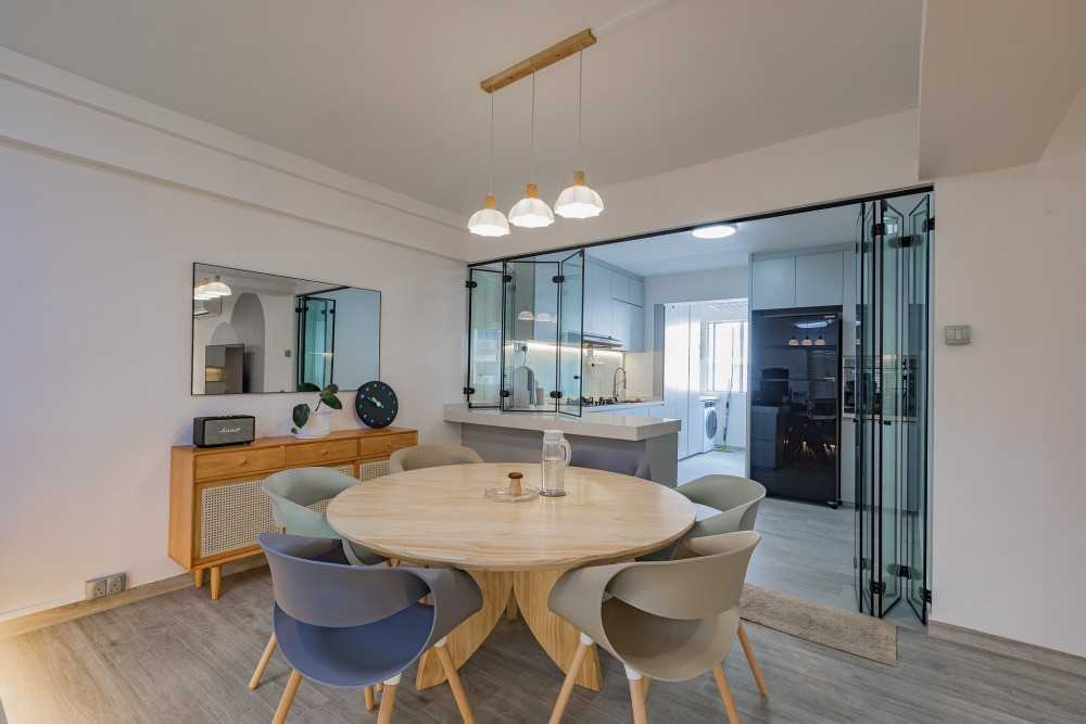 Scandinavian Dining Room with Vinyl Flooring and Drop Light