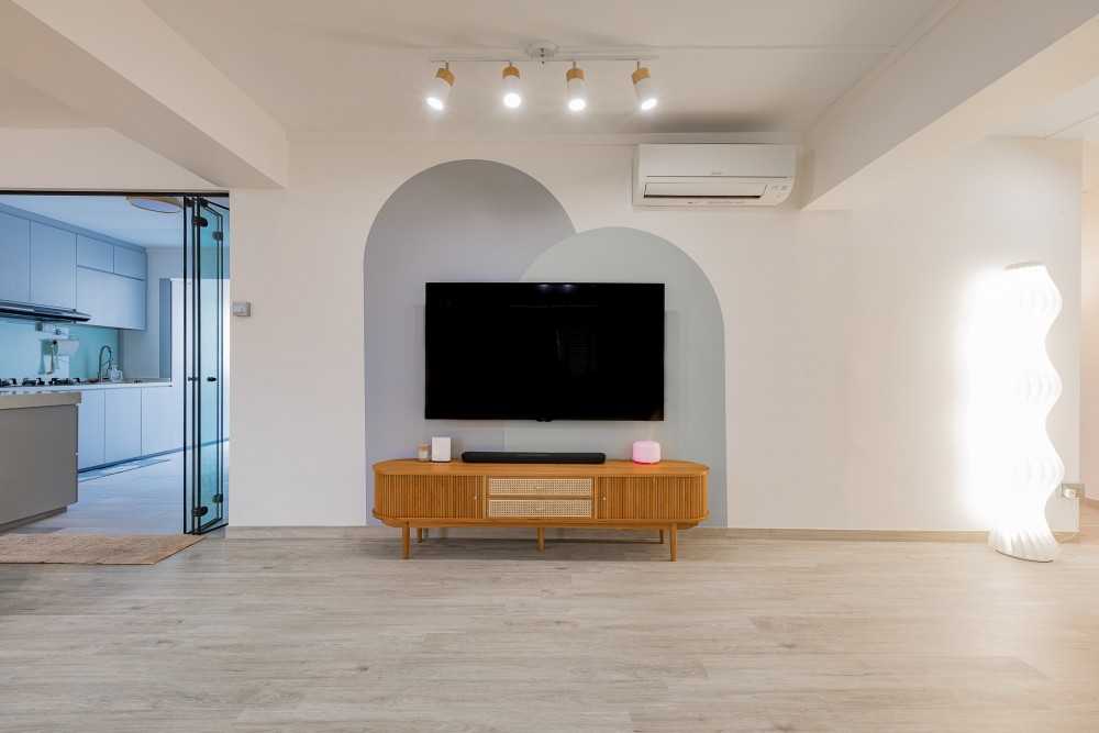 Scandinavian Living Room with Vinyl Flooring and Feature Wall