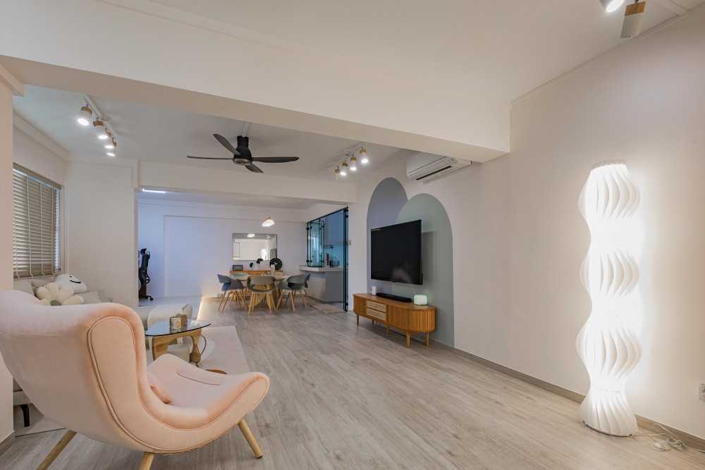 Scandinavian Living Room with Cement Floor and Marble Floor