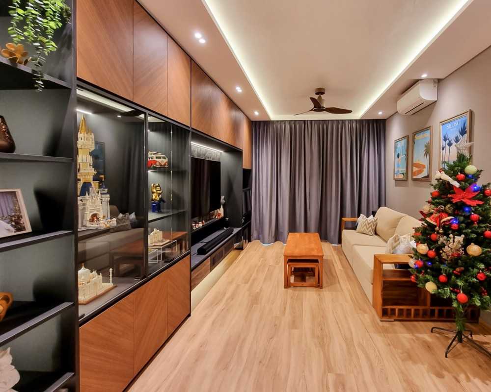 Scandinavian Living Room with TV Console and Window Grille