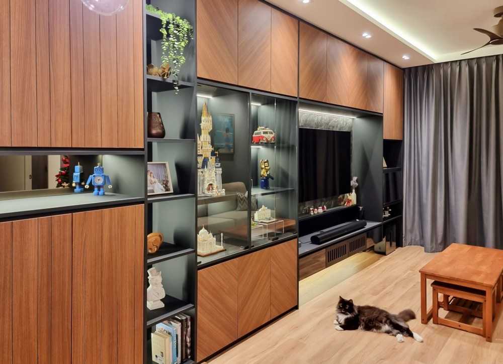 Scandinavian Living Room with Wood Flooring and TV Console
