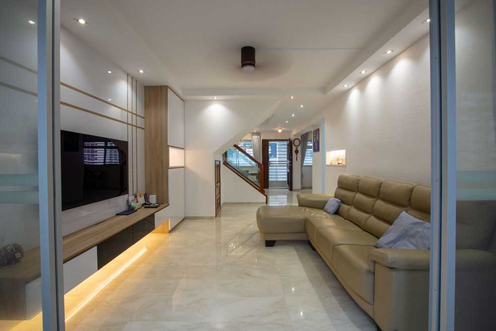 Asian Living Room with Homogeneous Tiles and TV Console