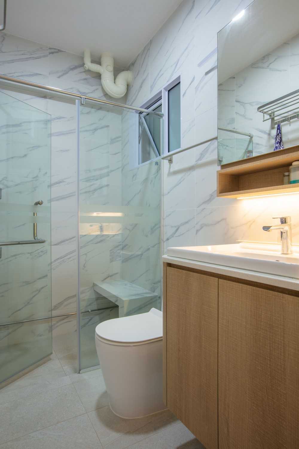 Asian Bathroom with Countertop and Herringbone Tiling