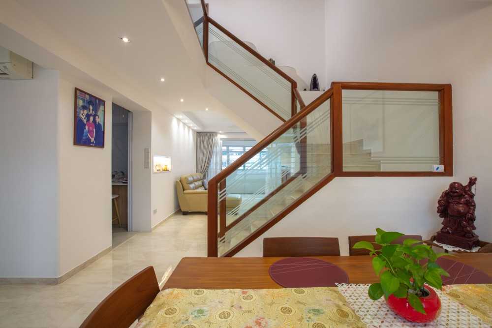 Asian Dining Room with Drop Light and Dining Table
