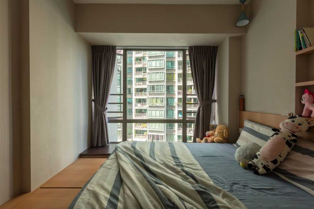 Contemporary Bedroom with Bookshelf and Herringbone Tiling