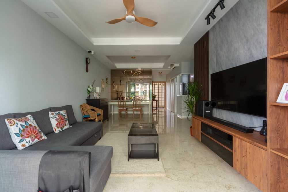Contemporary Living Room with Homogeneous Tiles and Feature Wall