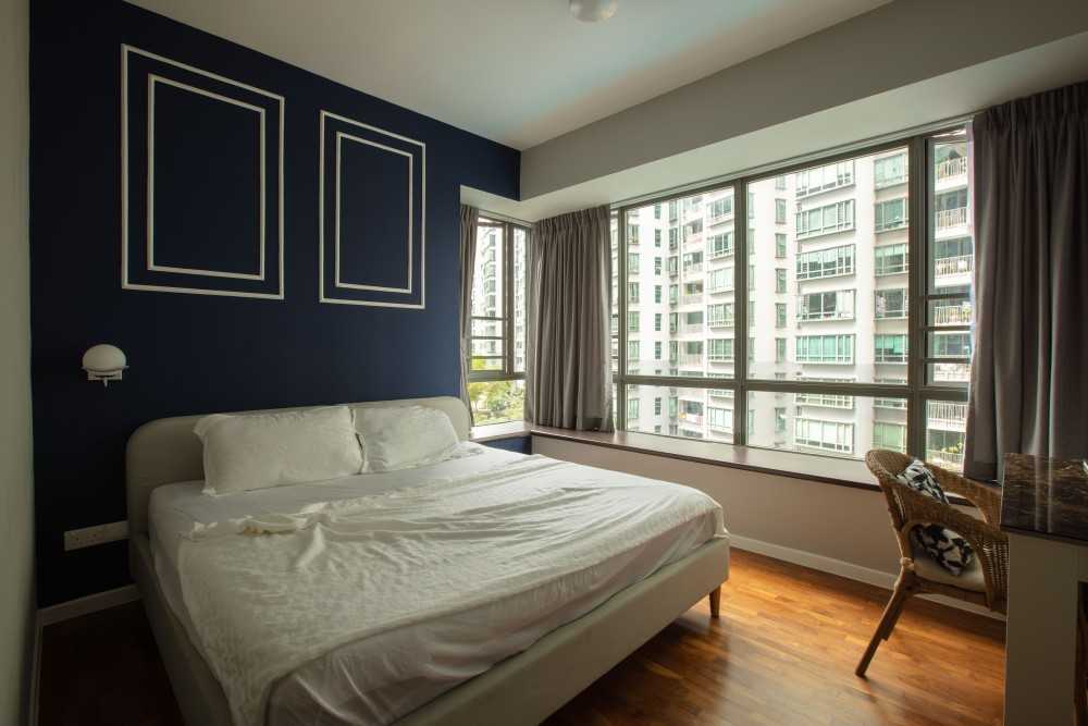 Contemporary Bedroom with Homogeneous Tiles and Cove Lighting