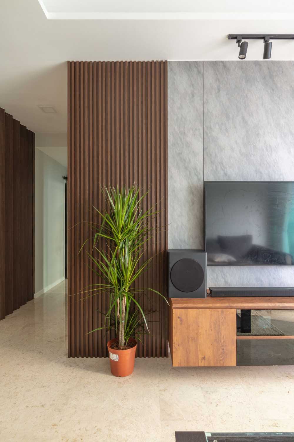Contemporary Living Room with Homogeneous Tiles and TV Console