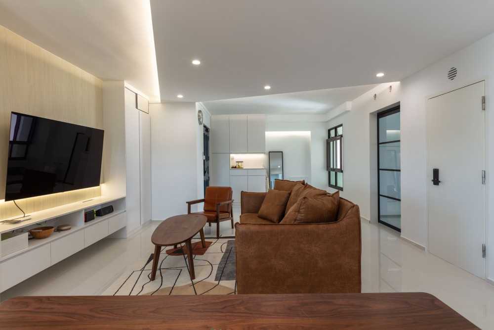 Modern Living Room with Homogeneous Tiles and TV Console