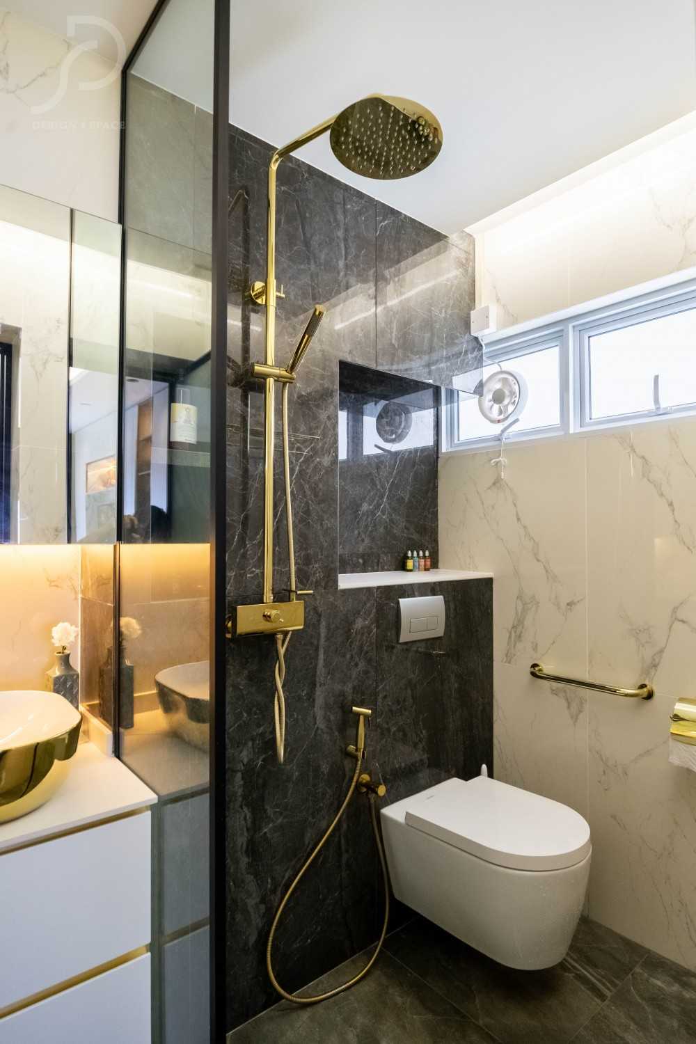 Modern Bathroom with Wood Flooring and Shower Screen