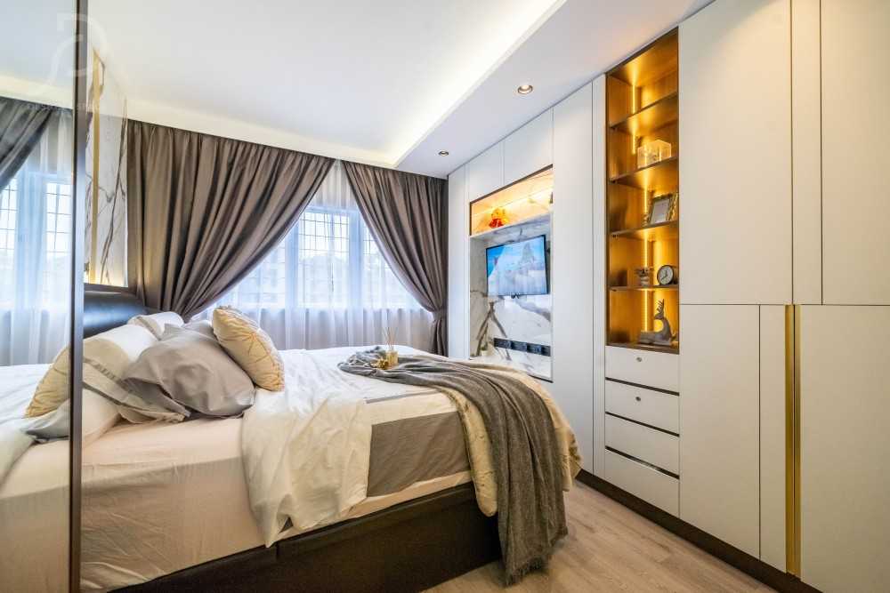 Modern Bedroom with Homogeneous Tiles and Bedroom Dresser