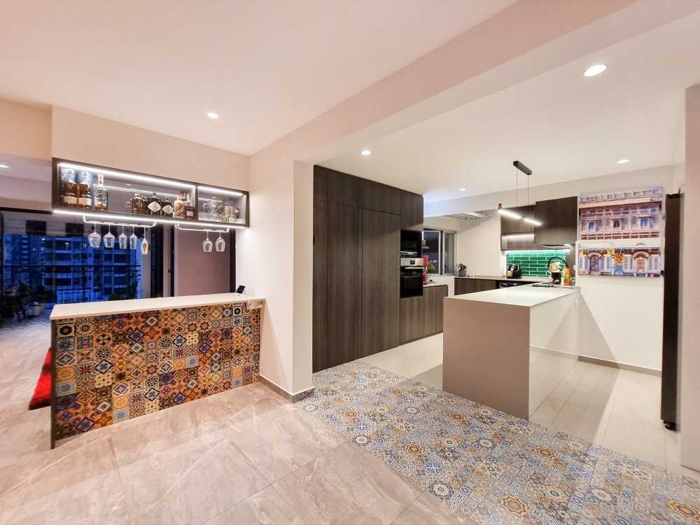 Modern Kitchen with Bar Counter and Kitchen Accessories