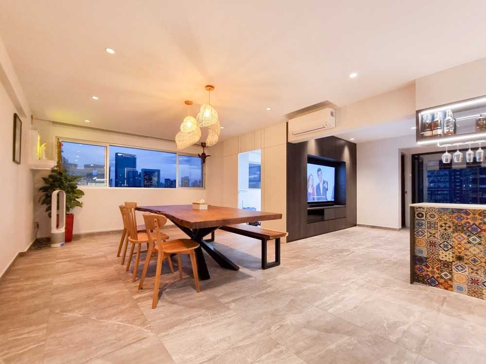 Modern Dining Room with TV Console and Window Grille