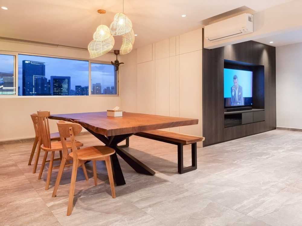 Modern Dining Room with TV Console and Window Grille