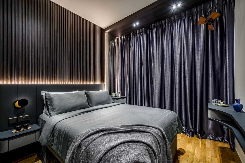 Contemporary Bedroom with Vinyl Flooring and Curtain