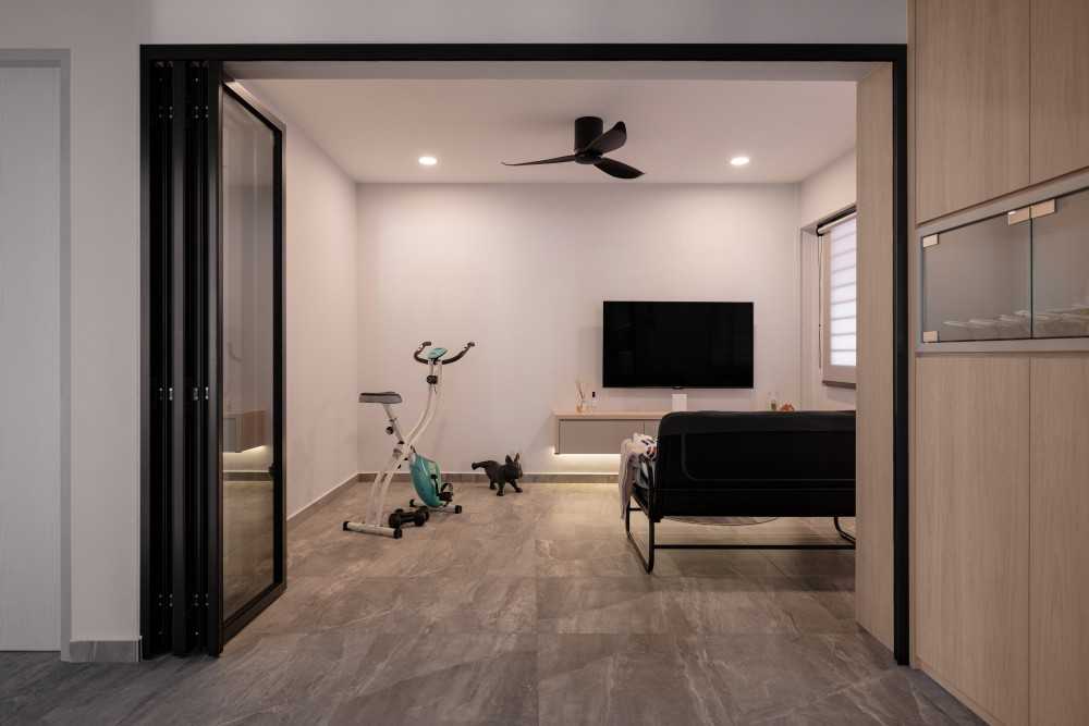 Modern Home Gym with TV Console and Roller Blinds
