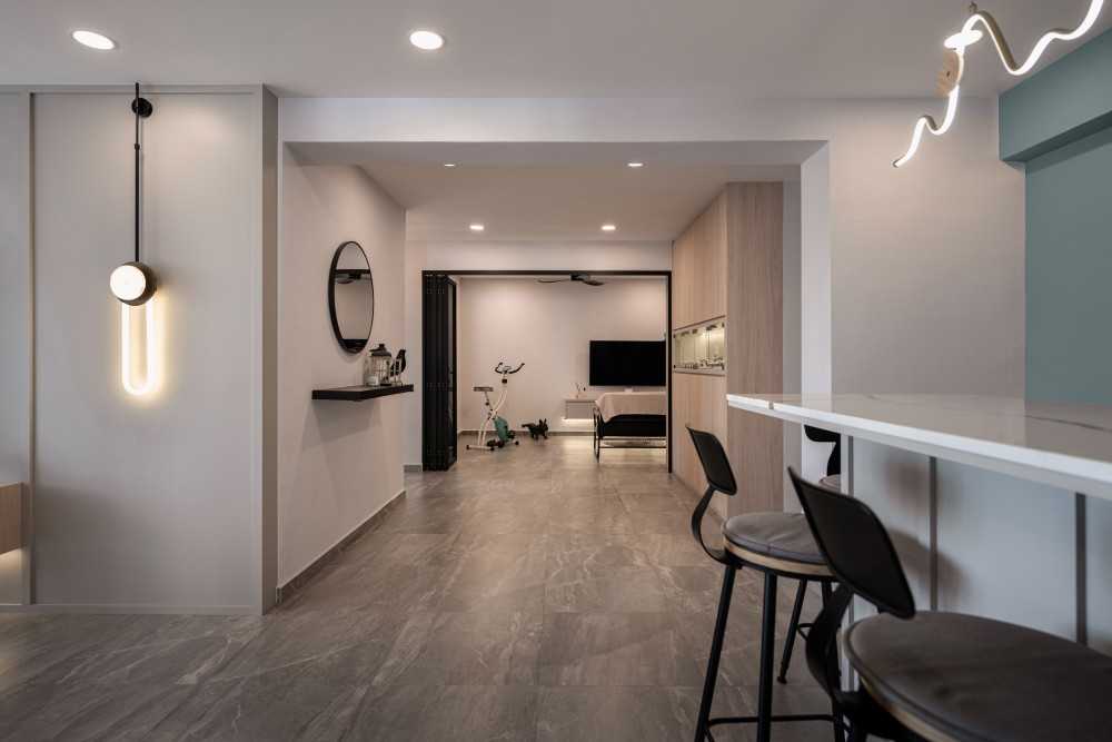 Modern Hallway with Feature Wall and Bar Counter