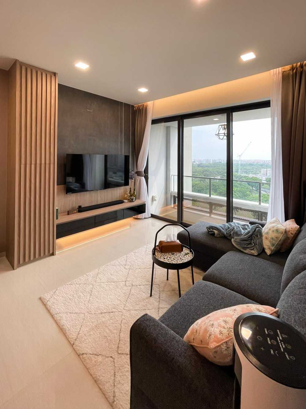 Scandinavian Living Room with TV Console and Window Grille