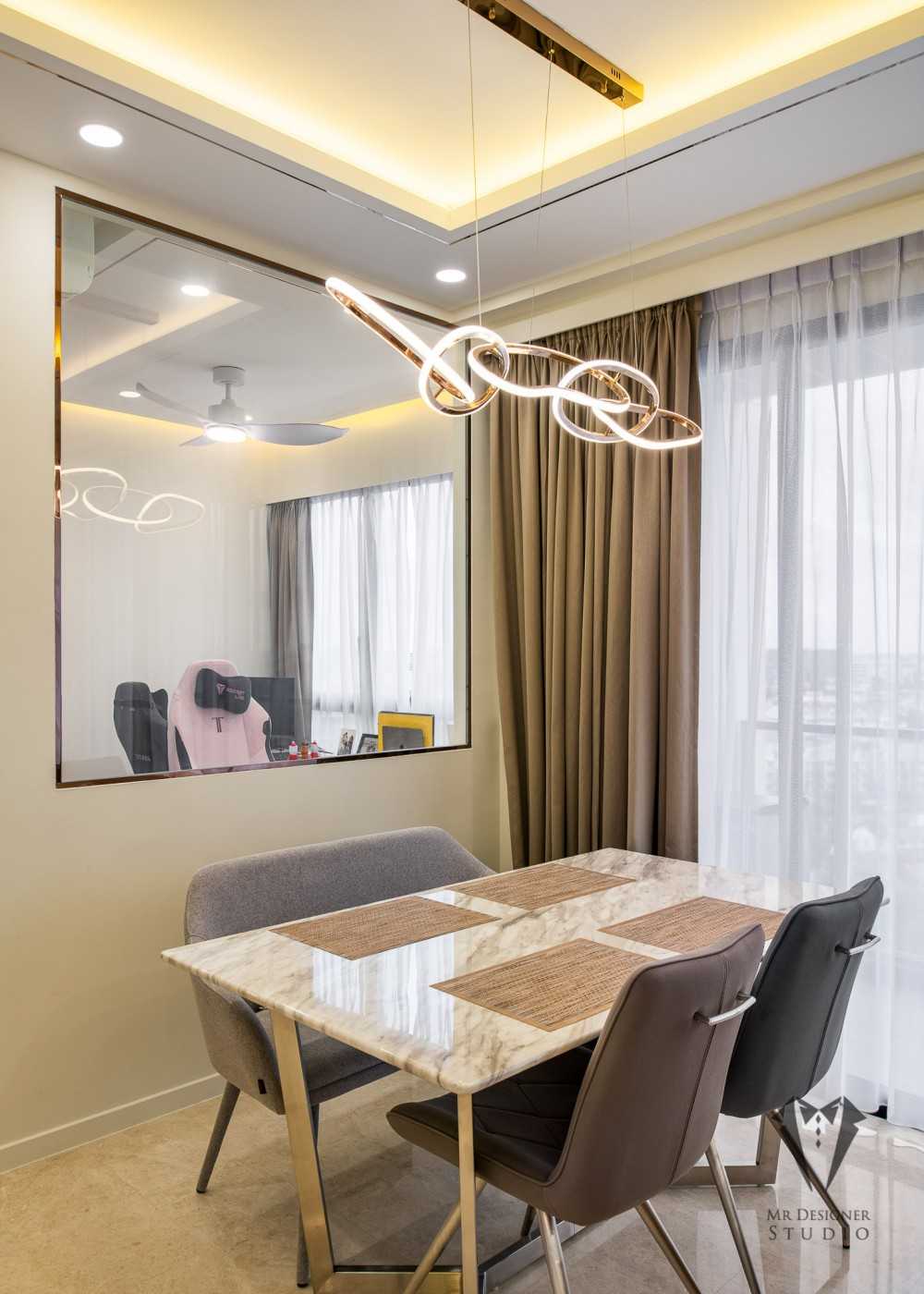 Modern Dining Room with Drop Ceiling and Chandelier