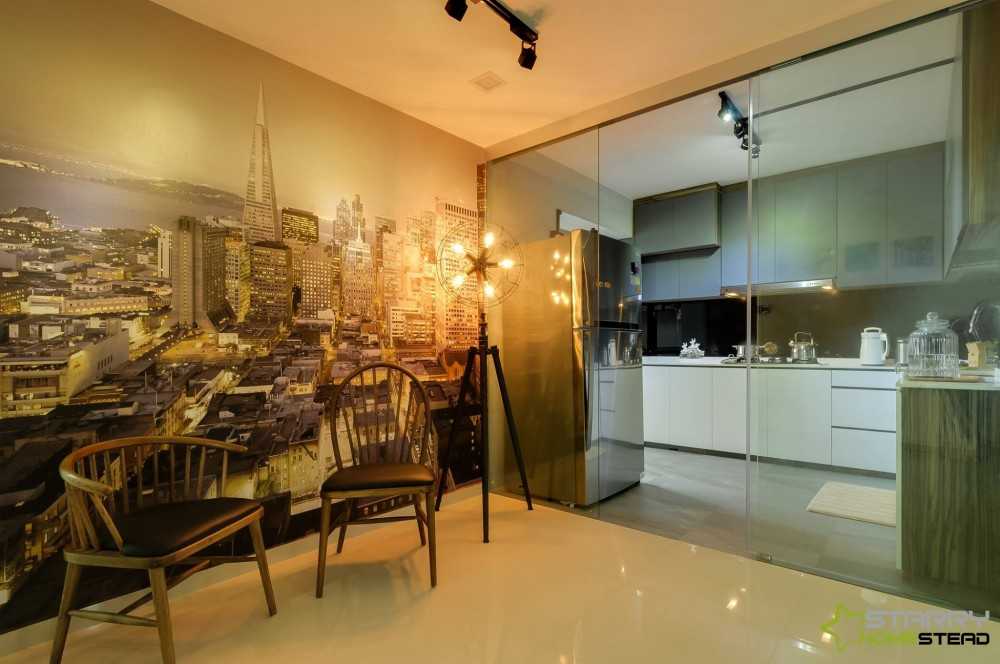 Modern Kitchen with Glass Door and Wallpaper