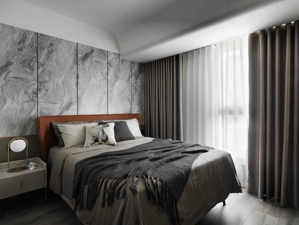 Contemporary Bedroom with Parquet Floor and Mirror