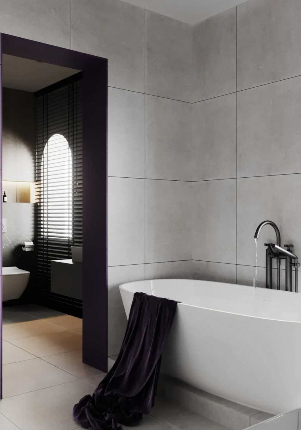 Contemporary Bathroom with Homogeneous Tiles and Bathtub