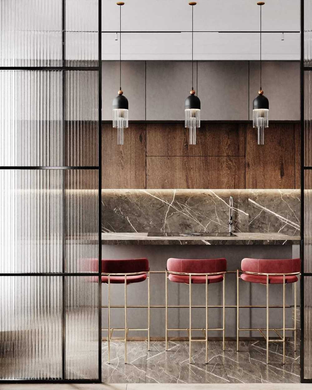 Contemporary Kitchen with Homogeneous Tiles and Kitchen Island