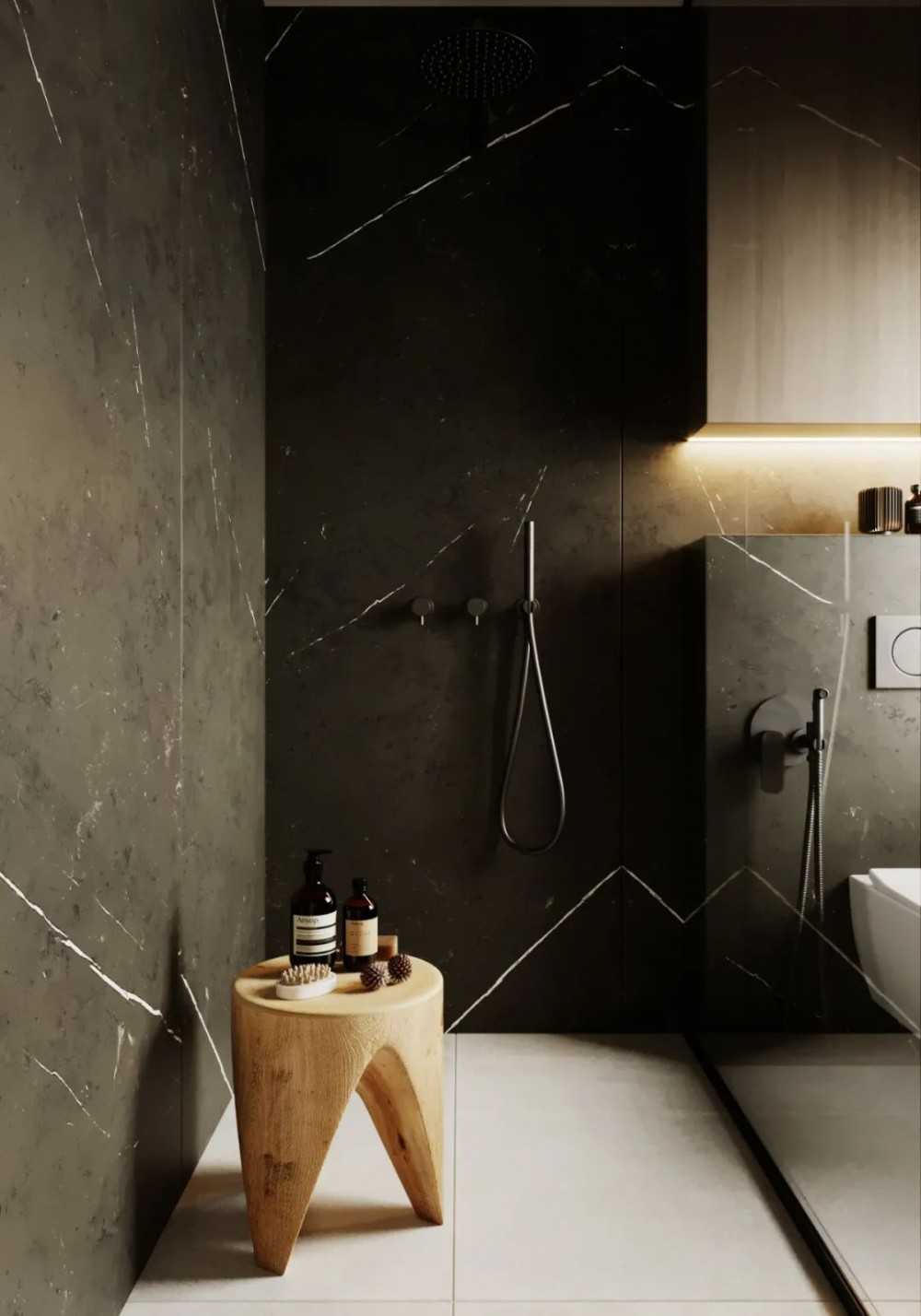 Contemporary Bathroom with Homogeneous Tiles and Rainshower