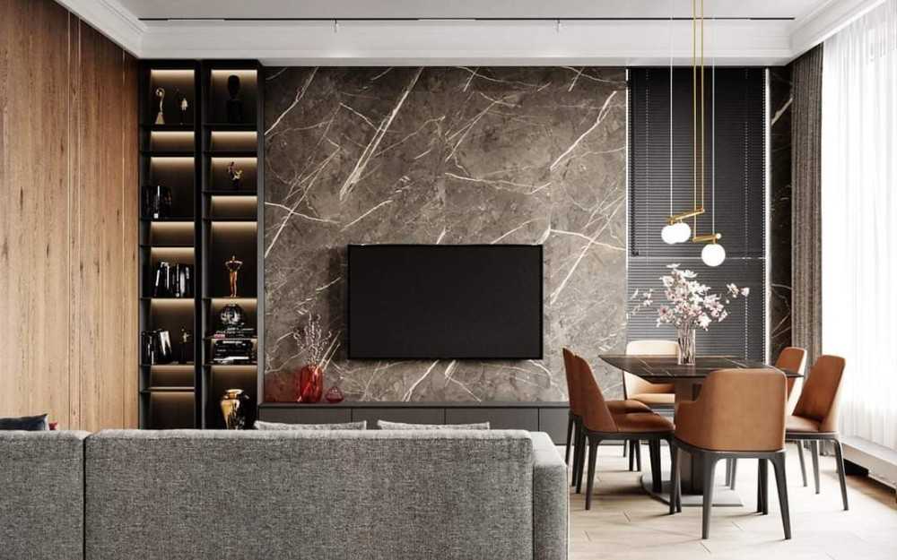 Contemporary Dining Room with TV Console and Feature Wall