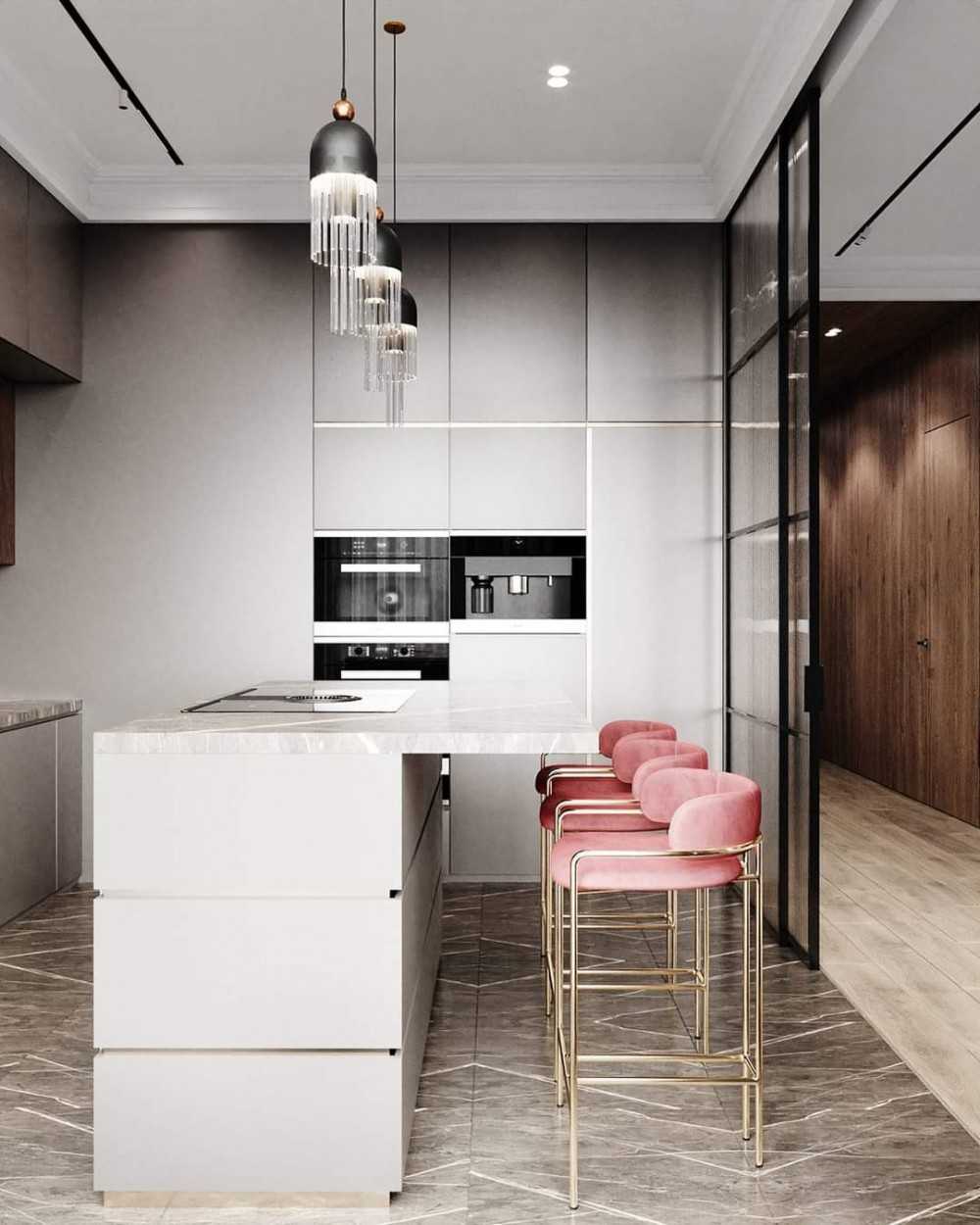 Contemporary Kitchen with Homogeneous Tiles and Kitchen Island