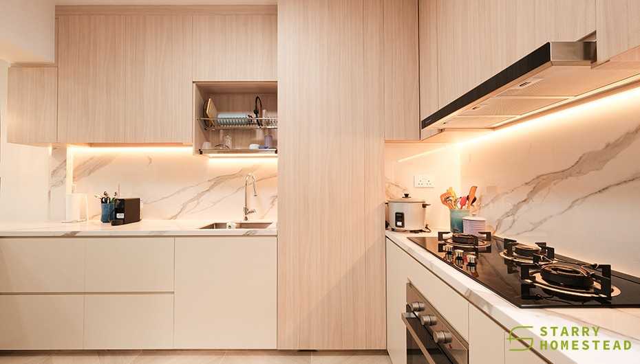 Scandinavian Kitchen with Marble Floor and Kitchen Window
