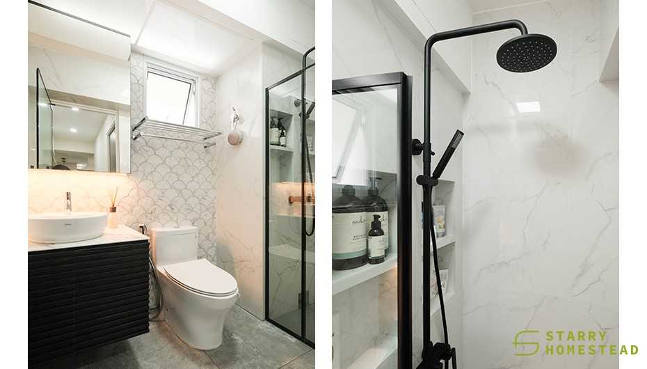 Scandinavian Bathroom with Marble Floor and Mirror