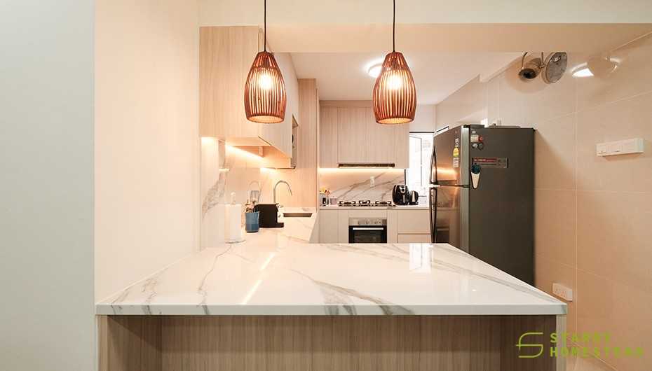 Scandinavian Kitchen with Marble Floor and Kitchen Window