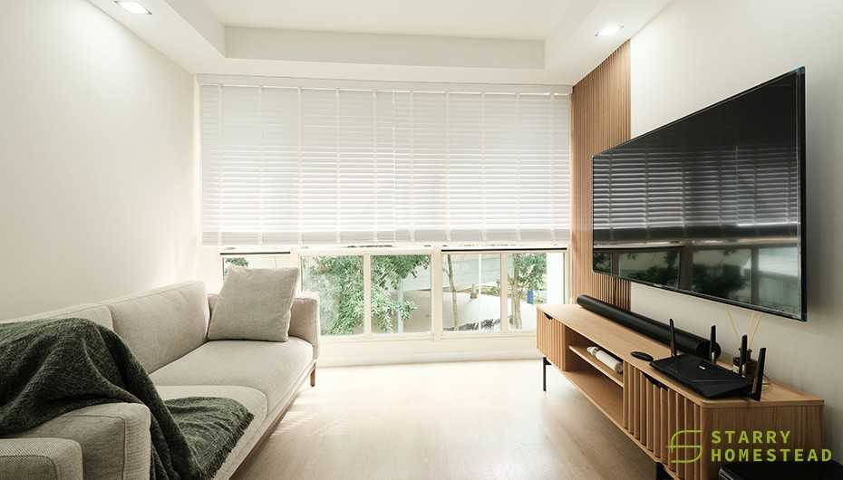 Scandinavian Living Room with TV Console and Feature Wall